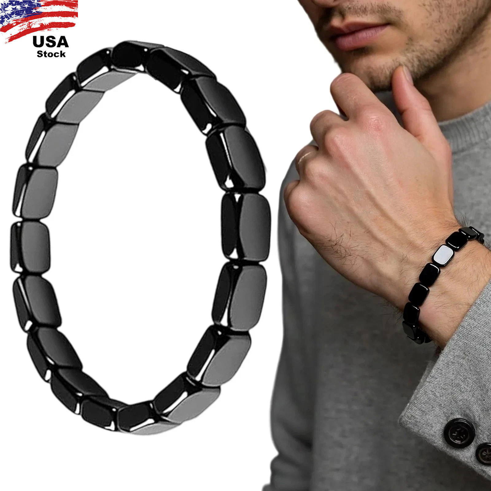 2Pcs Men Hematite Bracelet Energy Healing Reiki Protection Hemios Bracelet USA