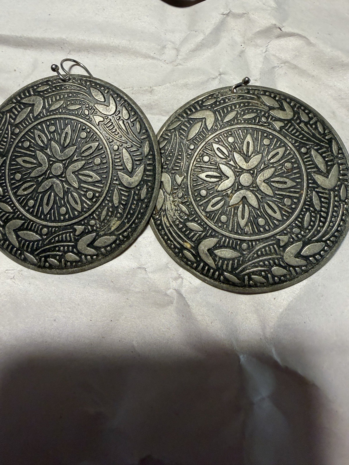 Silver Tone Engraved Round Disc Dangle Drop Earrings Hook Closure No Stone