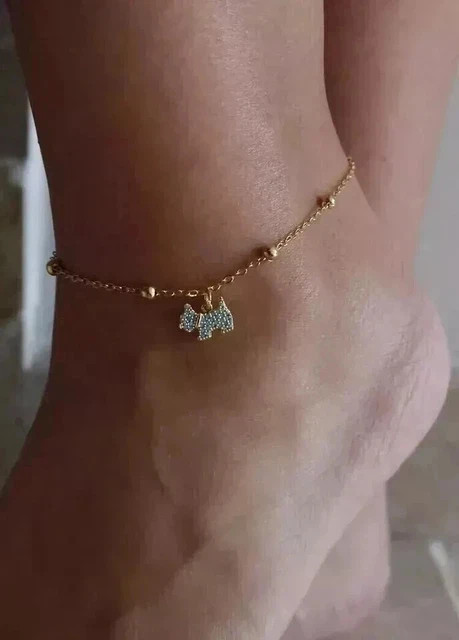 Dangle Dog Women Chain Anklet Simulated Round Cut Diamond 14K Yellow Gold Plated