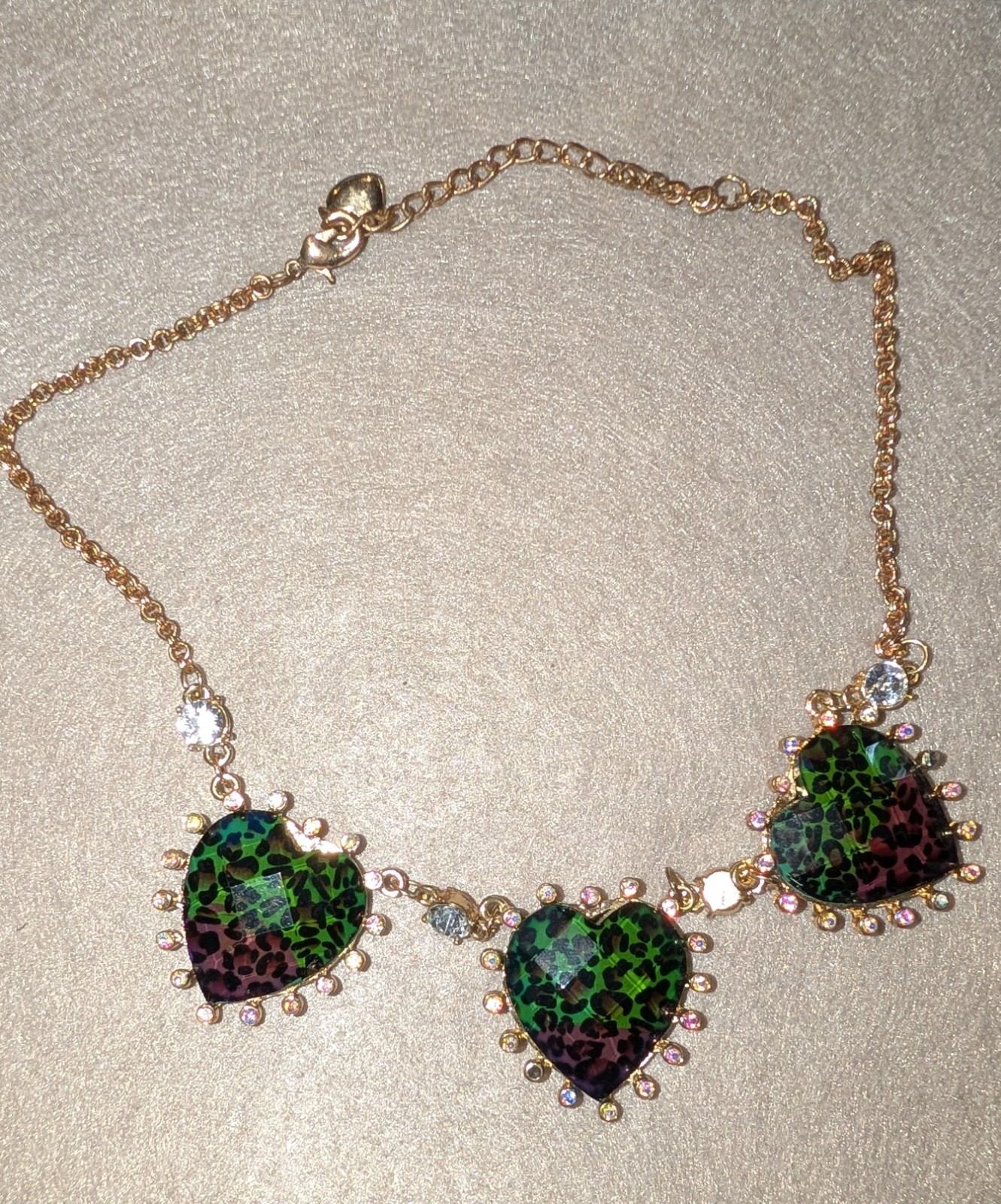 Gold Tone Cable Chain Necklace 3 Heart Pendants Green Black Rhinestones