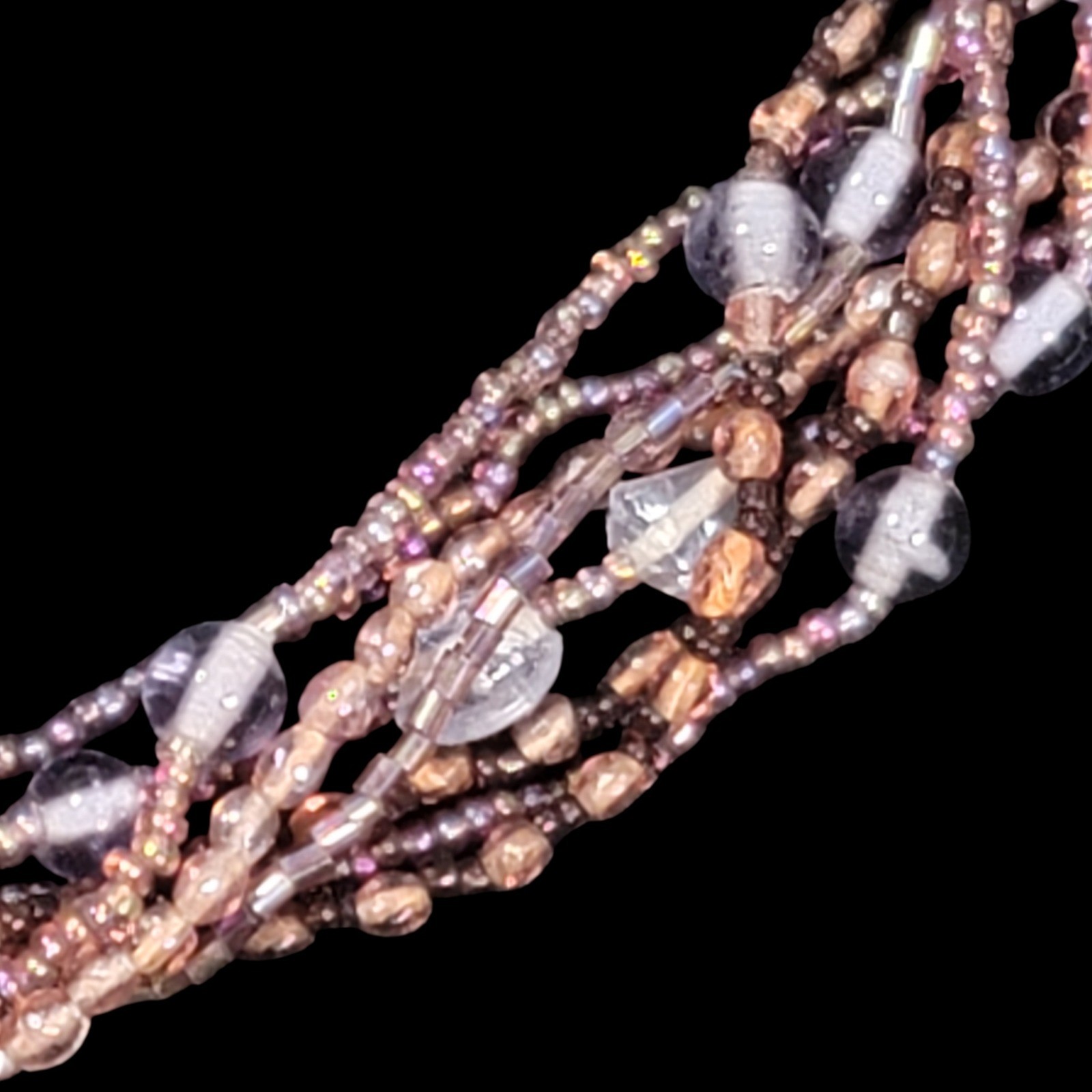 Purple Cabochon Multi Strand Beaded Statement Necklace 19″ Mauve Silver Tone