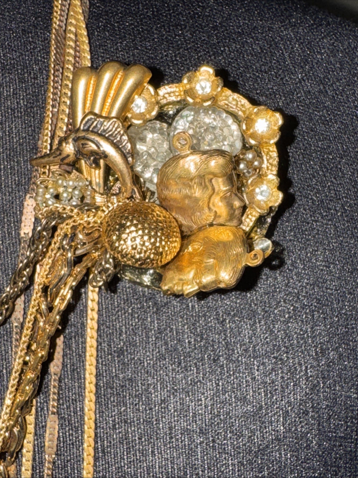 John Wind-Hilary Jay MAXIMAL ART Mixed Metal Clock HandCopper Pearl Brooch Chain