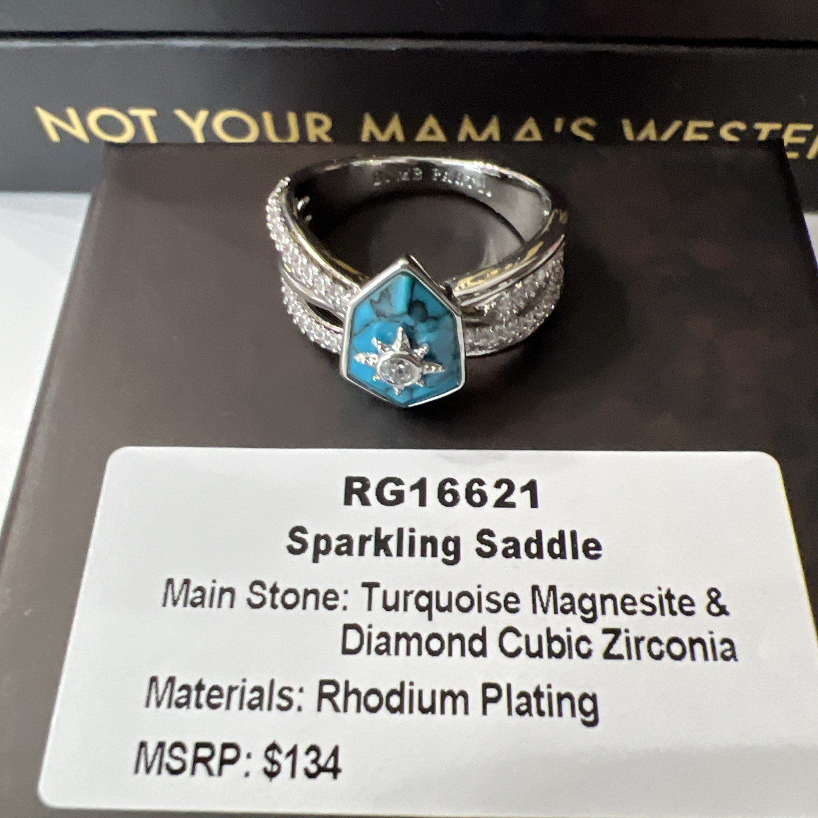 Bomb Party Outlaw Ring size 9 “Sparkling Saddle “ Turquoise Magnesite Rhodium