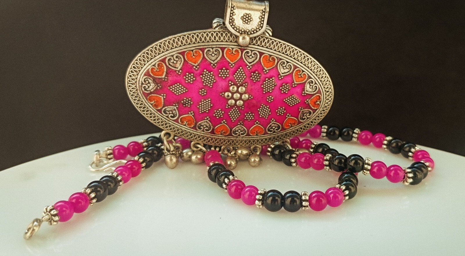 Black /Pink Beads single strand Pink Navratri jewelry Oxidized Silver Necklace