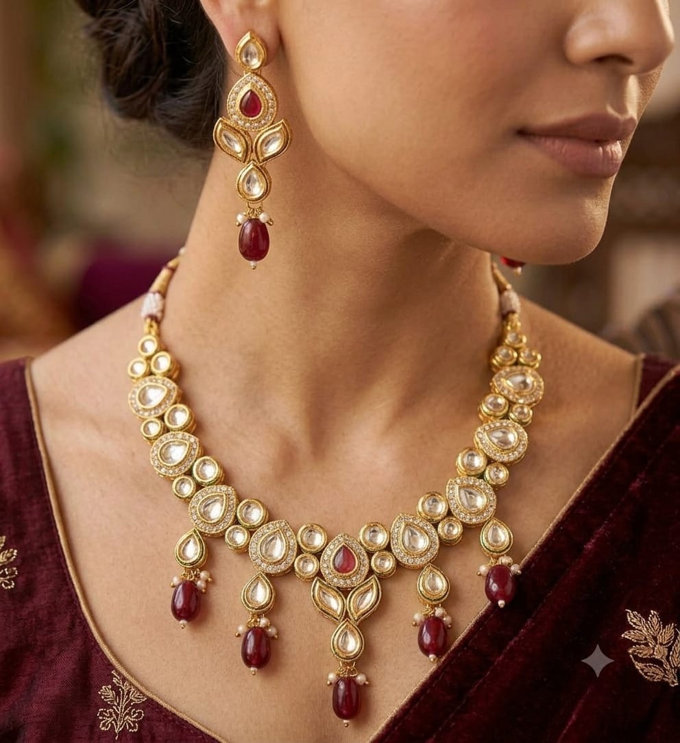 Product Name: 2PC Kundan Polki Necklace Set with Earrings