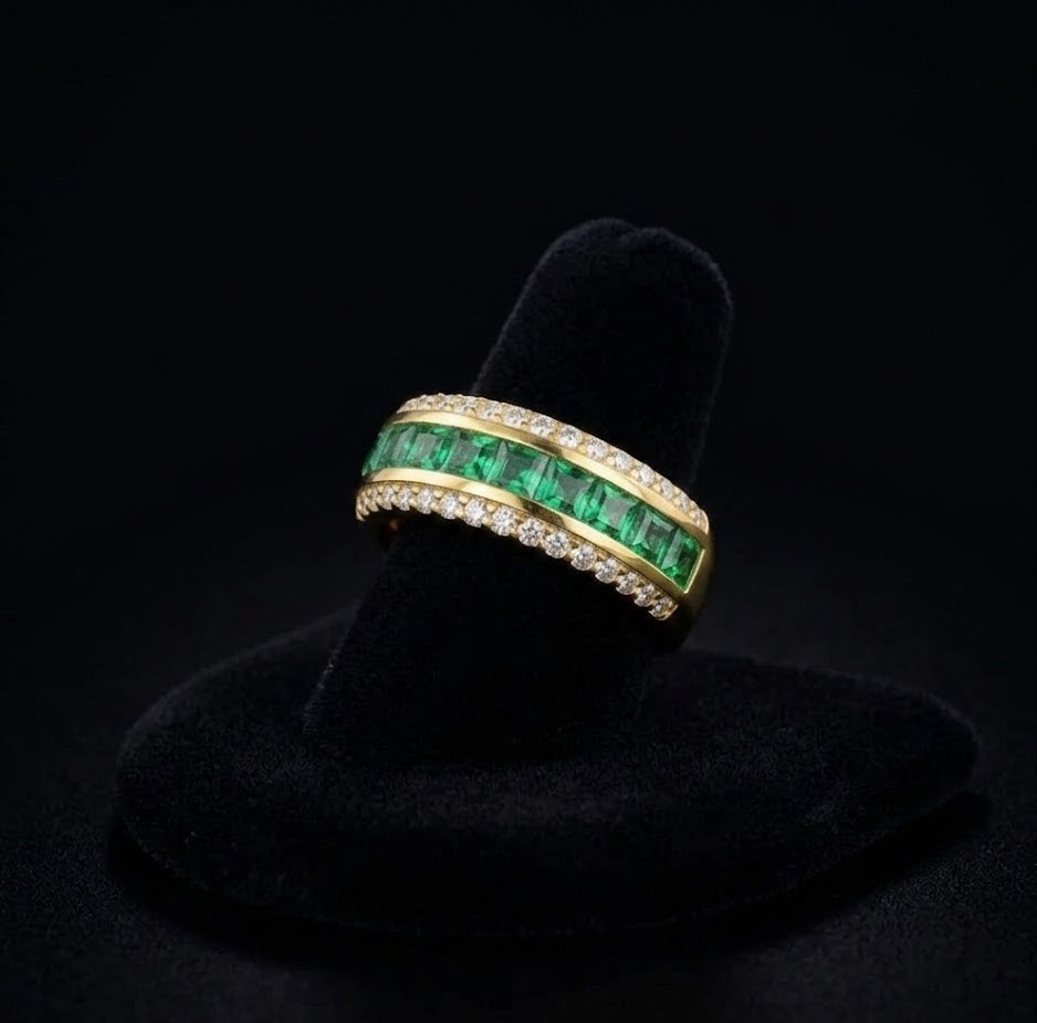 Vintage Emerald Eternity Ring, Gold Plated Sterling Silver,