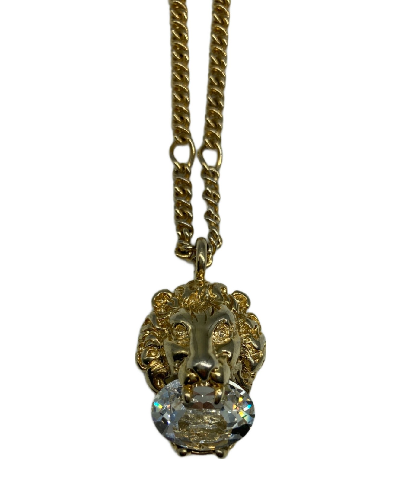 Gucci Crystal Lion Head Pendant Necklace Gold Tone 23.6in Link Chain Women’s Men