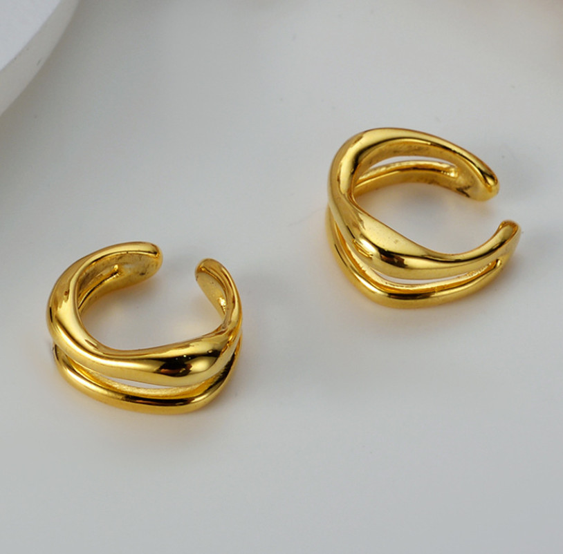 A Pair 925 Sterling Silver Gold Plated Double Lines Ear Cuff Earrings Women TH6
