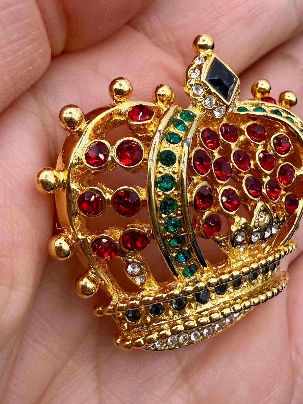 Signed KJL Crown Brooch: Gold-Tone Red Green Blue Rhinestone Statement Pin