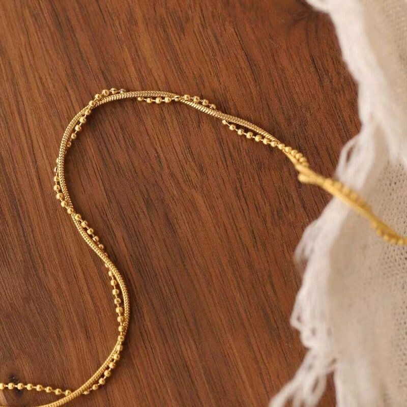 SET Woman 18K Gold Plated 2 Layers Beaded Snake Chain Twine Necklace Bracelet