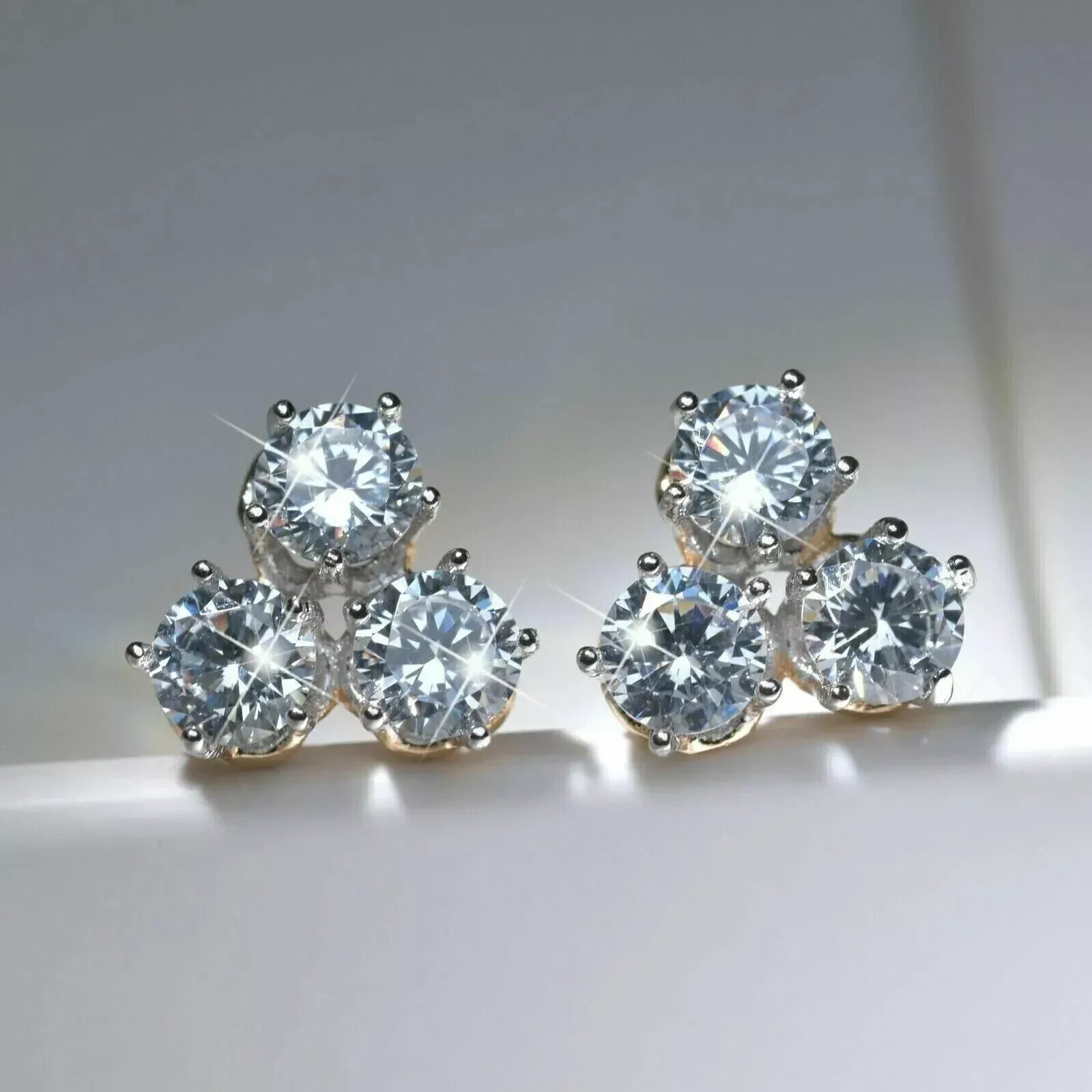 2Ct Lab-Created Diamond Three Stone Stud Earrings 14K White Gold Plated Silver
