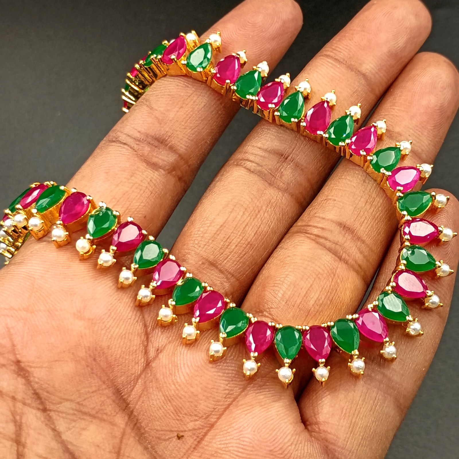 Handcrafted Ruby Emerald Pearl Jewelry Set 22k Gold Plated Ethnic Statement Set