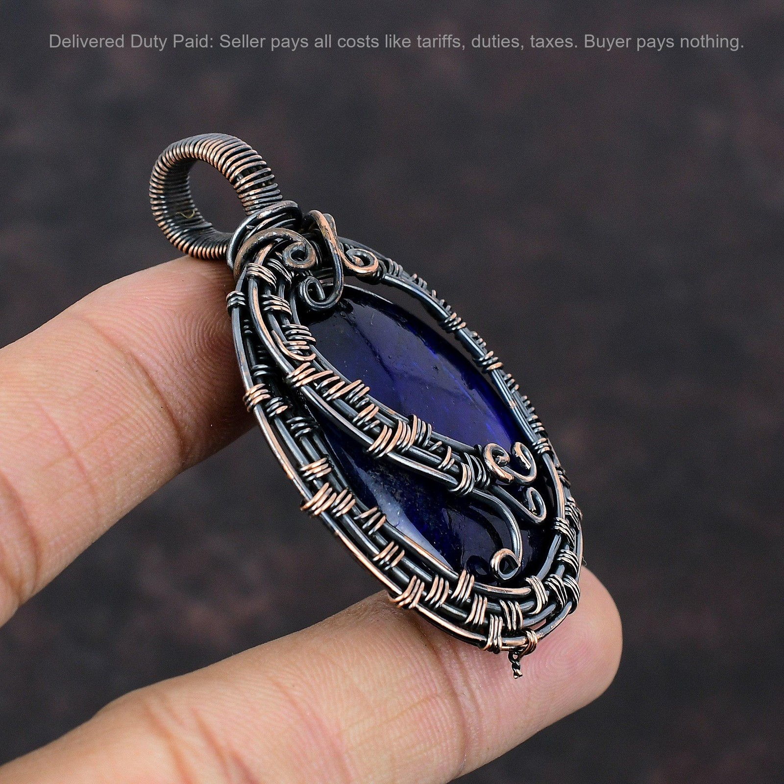 Copper Oval Natural Blue Fire Labradorite Mother Wire Wrapped Pendant Jewelry