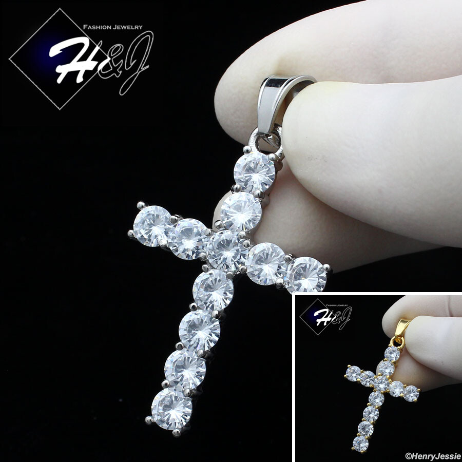 MEN Stainless Steel Gold Plated/Silver ICY 1 ROW TENNIS CZ 3D Cross Pendant*P127