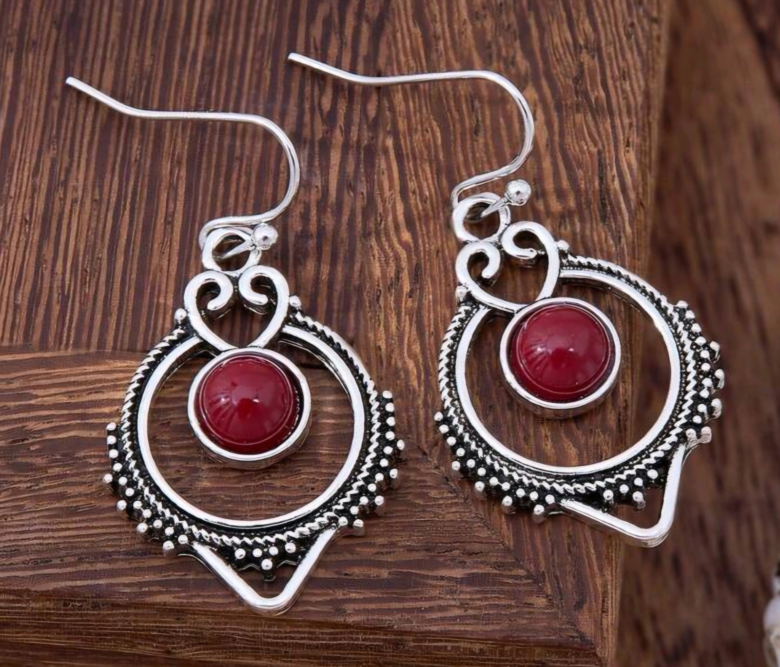 Boho Circle Dangle w/Heart Cutout Red Gemstone French Hook Earrings Approx 1.5″L