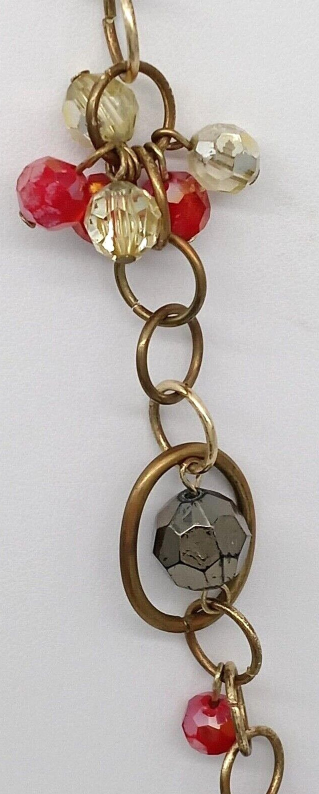 Ruby Red Beaded Necklace Faceted Gold Metal Rings Chain Single Strand Sparkly!