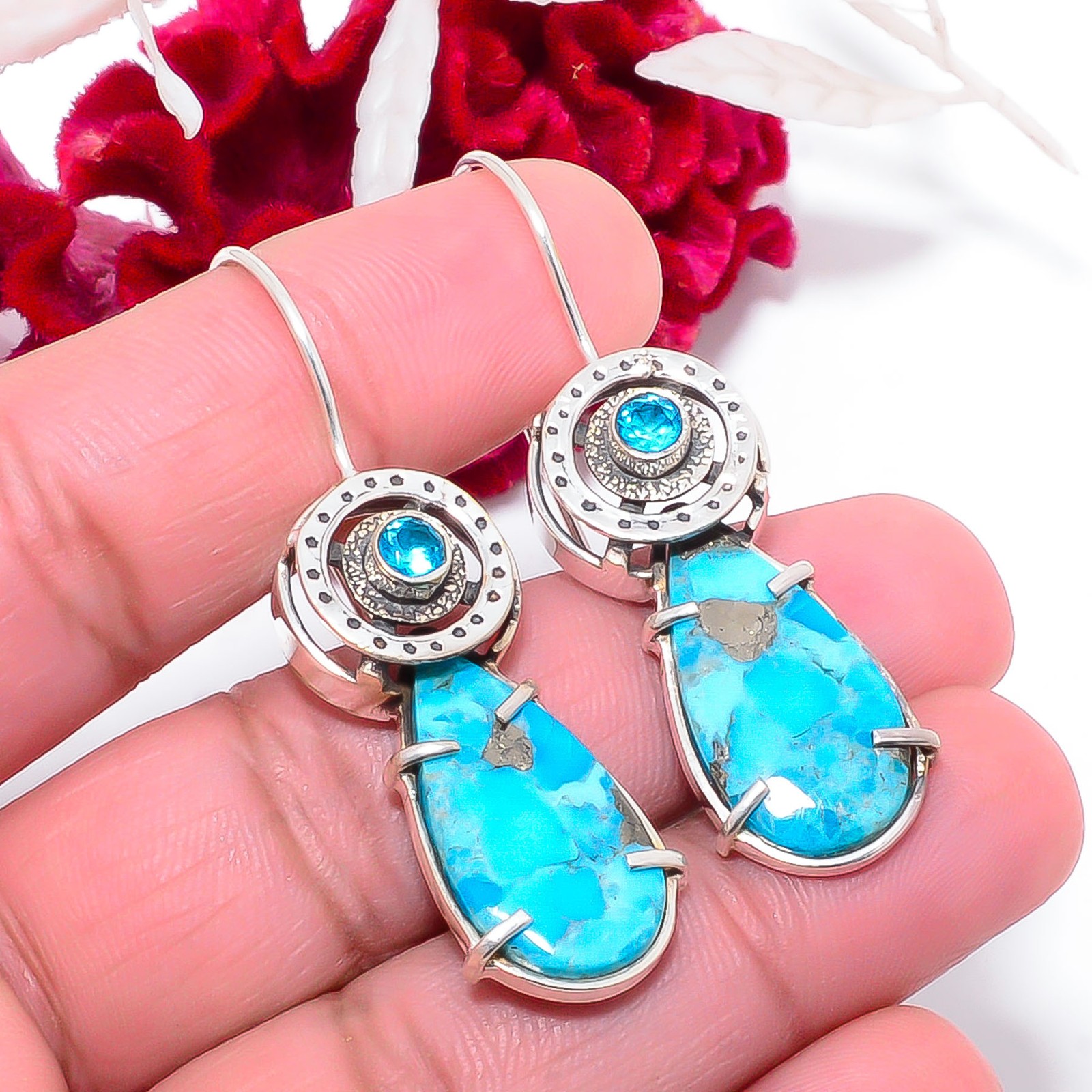 Kingman Turquoise With Pyrite & Blue Topaz 925 Sterling Silver Earring 2.03″ E89