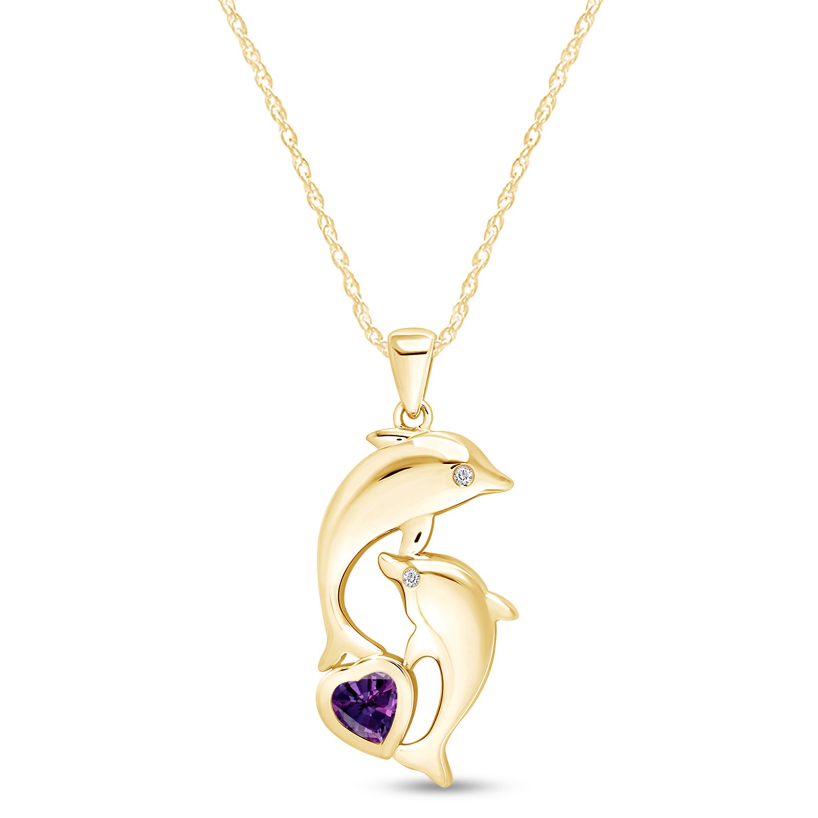 Dolphin Pendant Necklace 18″ Simulated Amethyst 14K Yellow Gold Plated Sterling