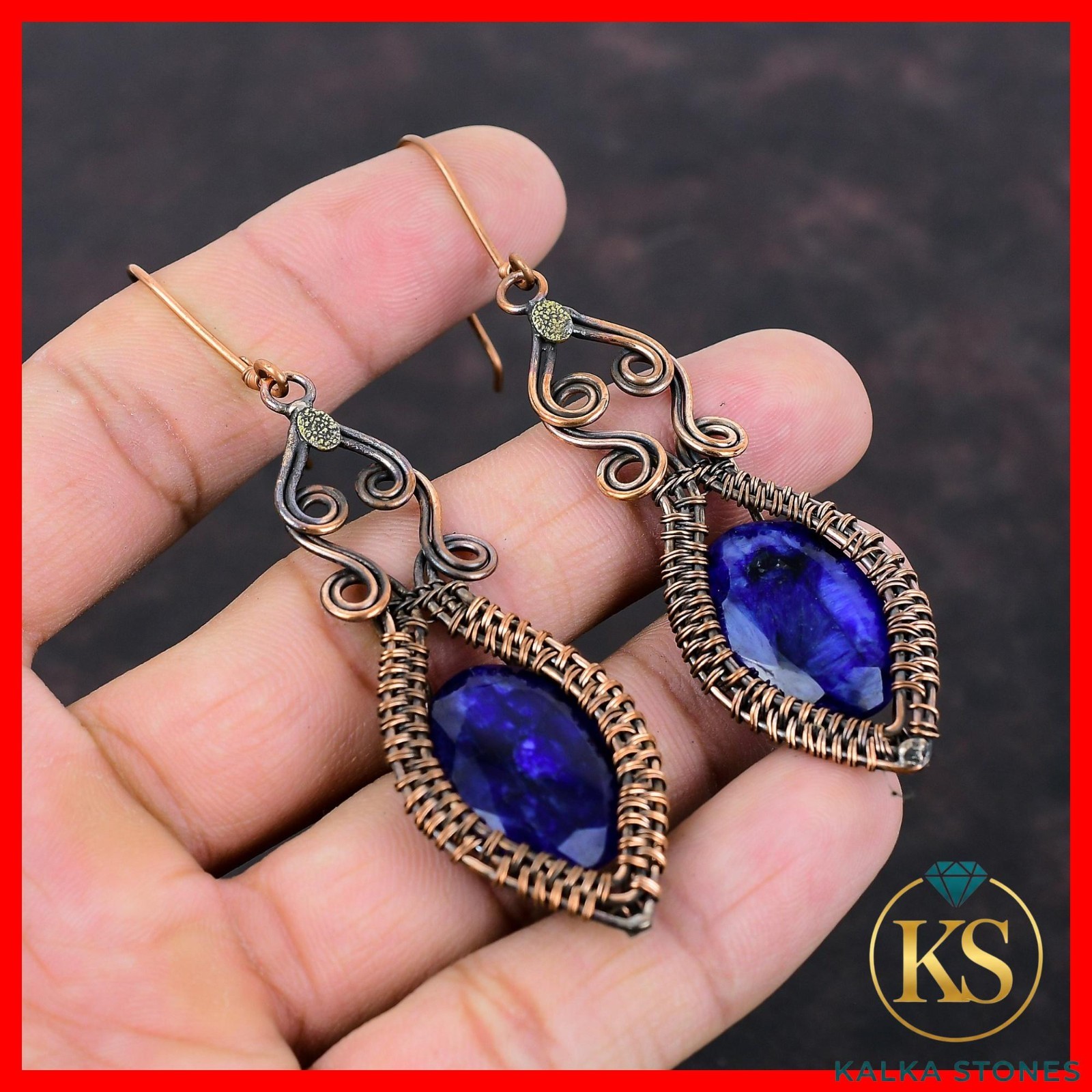 Copper Natural Blue Saphire Handcrafted Dangle New Wire Wrapped Earrings Jewelry