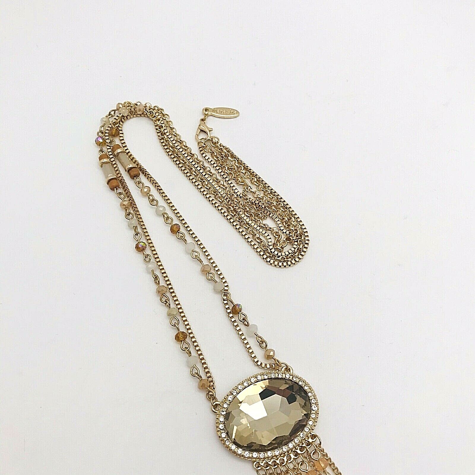 Natasha Fringe Long Necklace Amber Double Strand Color Goldtone Faceted Bead