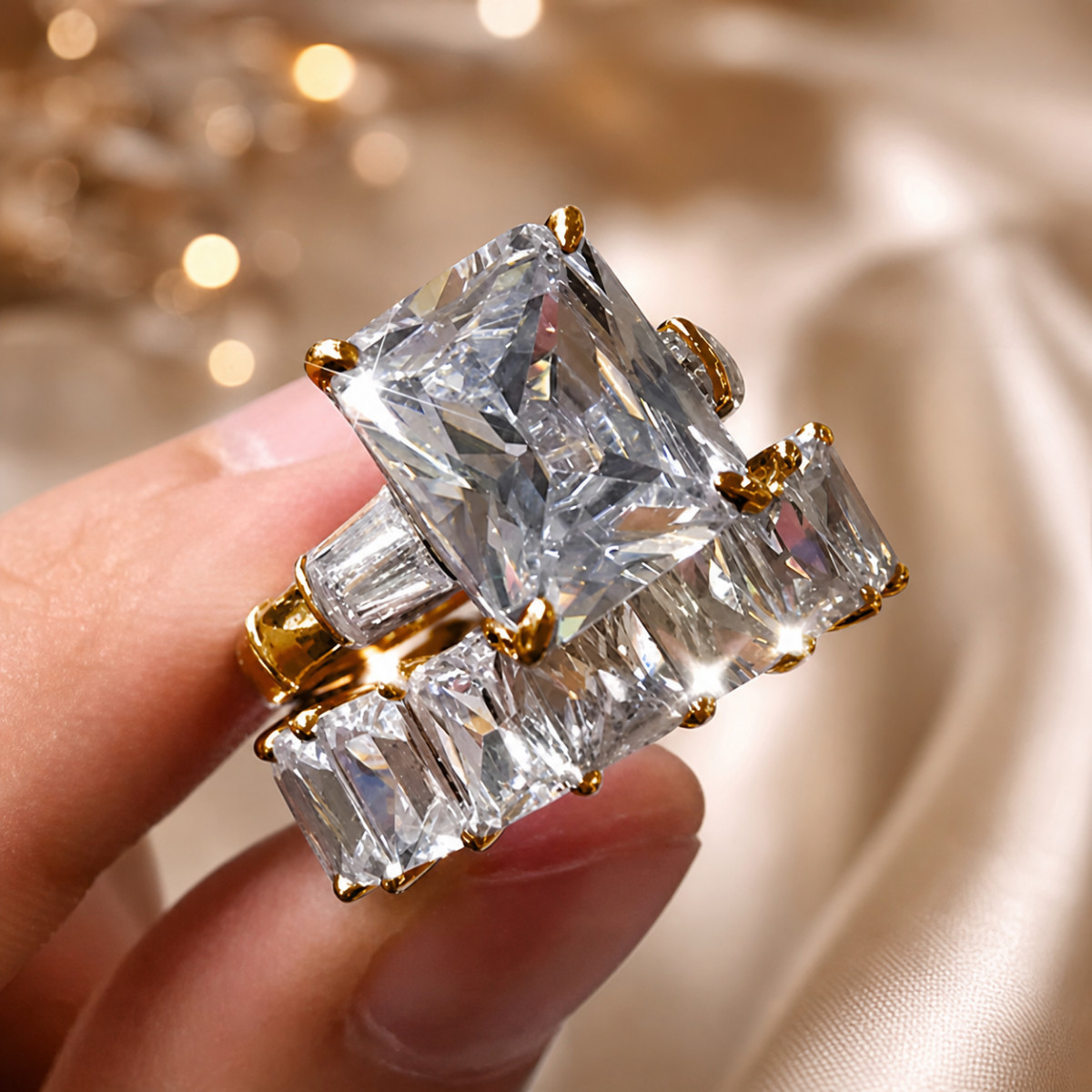 2 Pc 925 Silver Filled Gold Plated CZ Ring Set Women Wedding Bridal Stack Sz 8