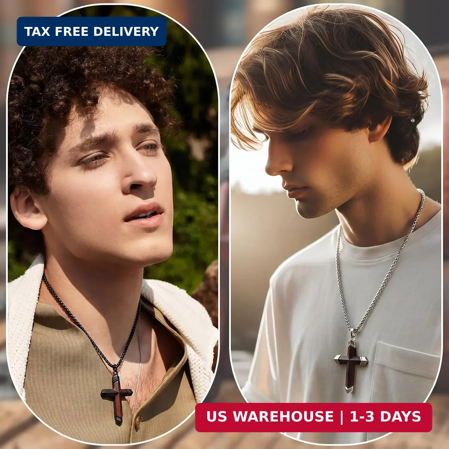 Kigeli 2 Set Wooden Cross Necklace for Men Walnut Wood Inset in Black Sliver Sta