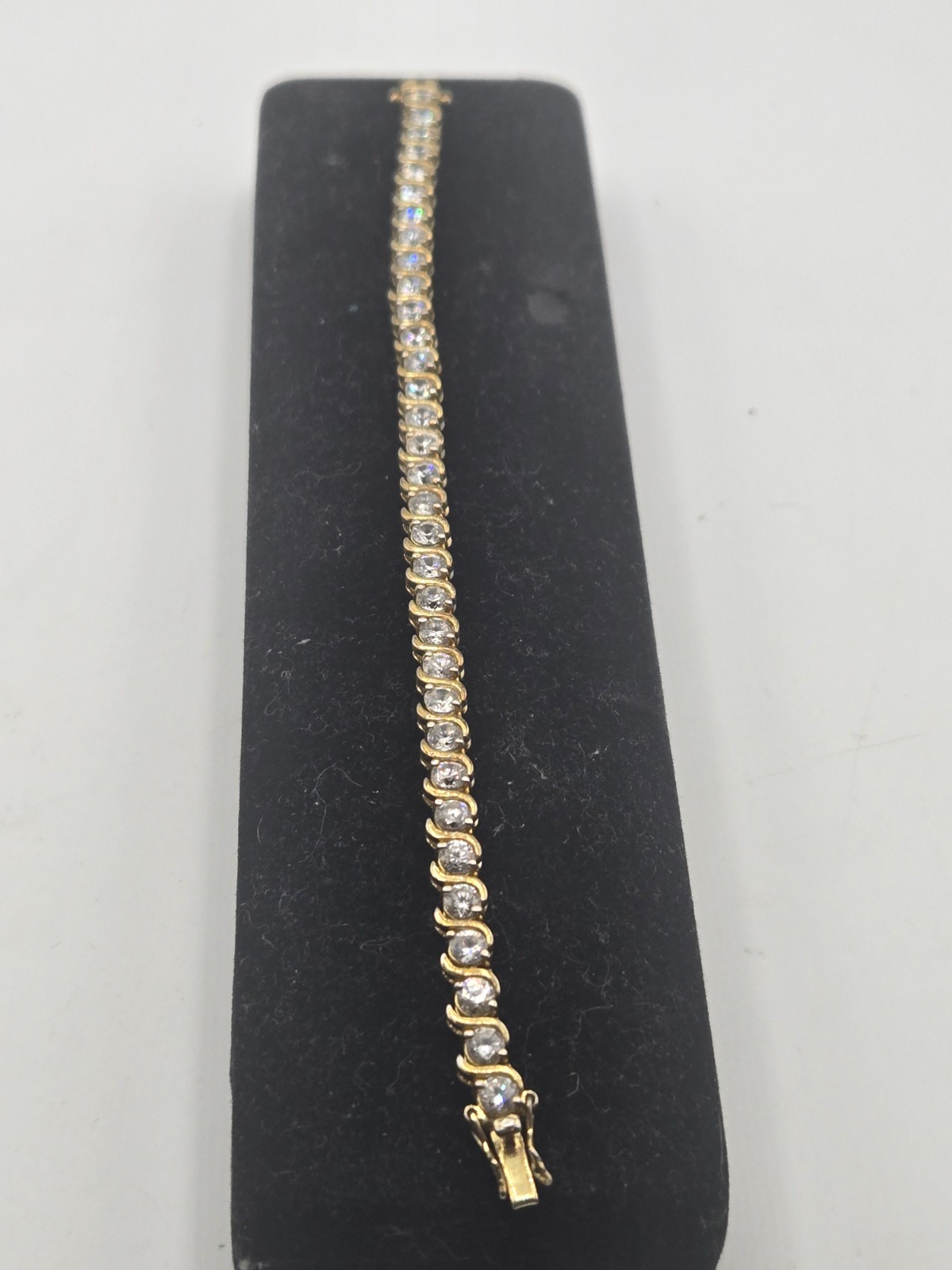 Sterling CZ Tennis Bracelet S-Bar-Link 7.5″ Bling Golden Dainty Feminine (A6)