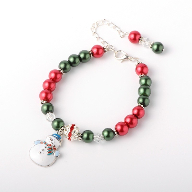 Cute Red and Green Glass Pearl Christmas Snowman Charm Bracelet