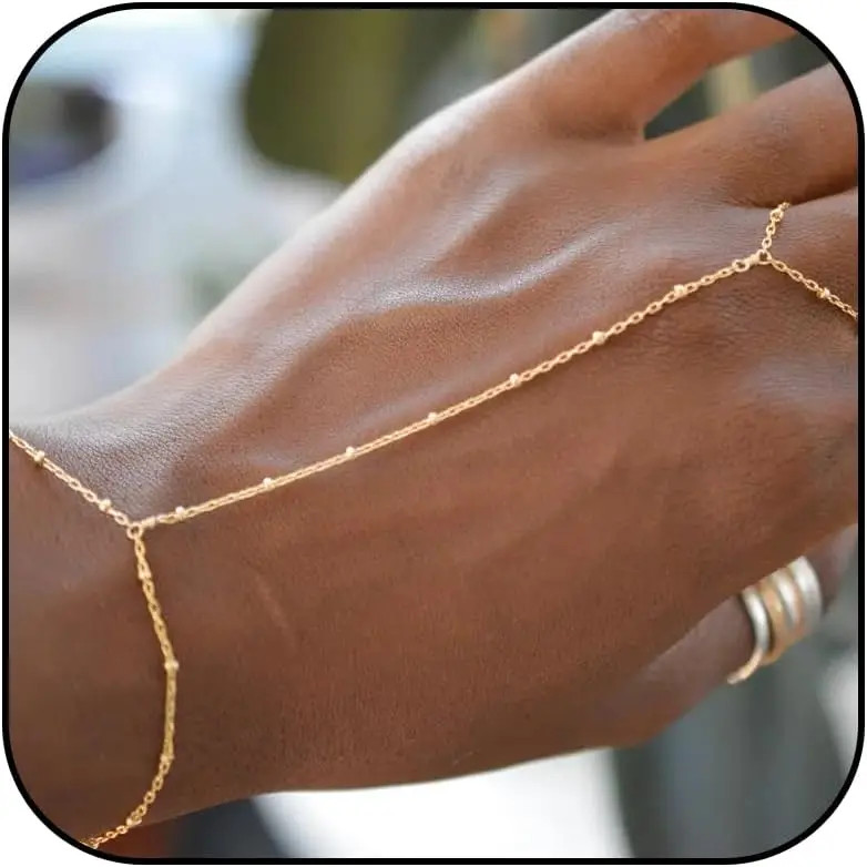 Hand Chain Bracelet with Ring Zircon Adjustable 14K Gold Plated Dainty Women