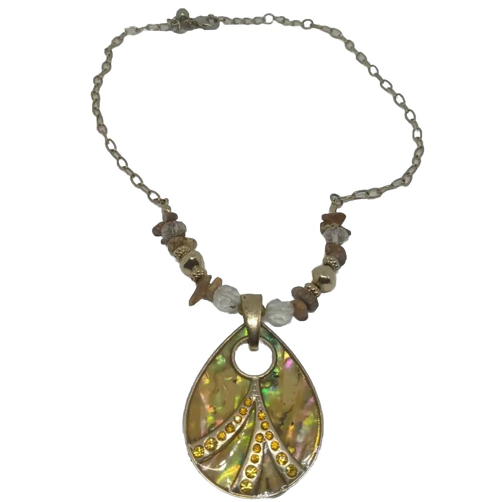 Gold Beaded Pendant Necklace Rhinestone Topaz Gemstone KC Signed Chainlink