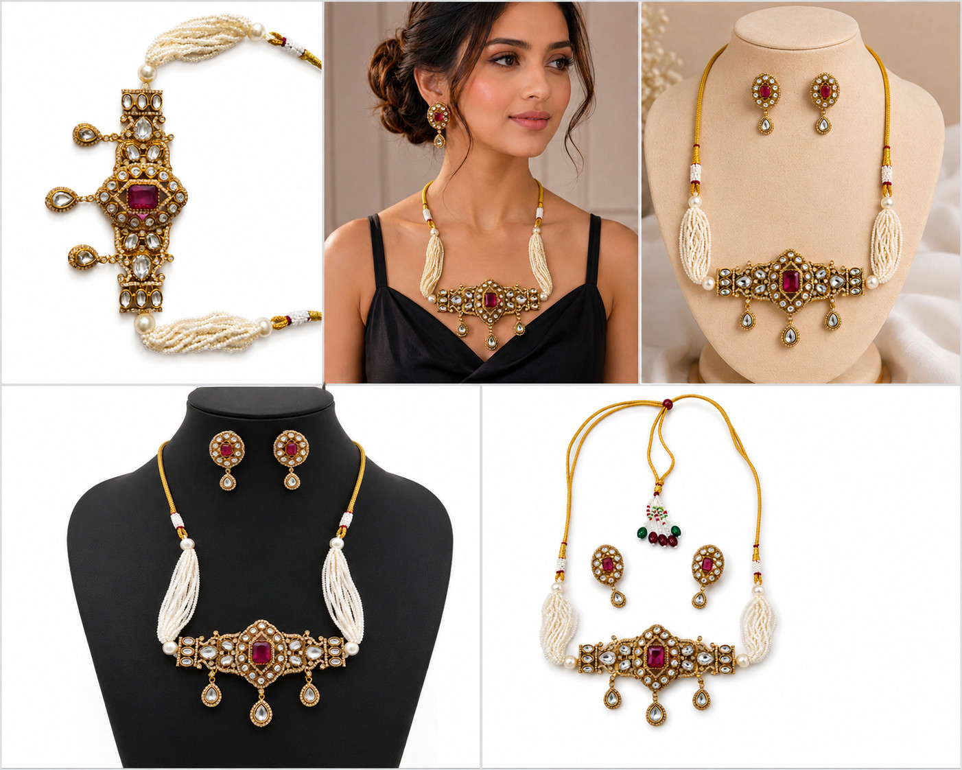 Red Stone Kundan Necklace Set Pearl Wedding Jewelry Gift for Women 137