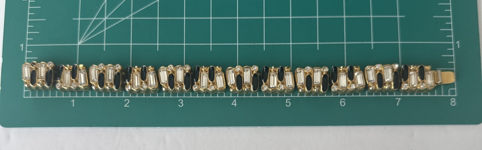 St. John Couture Bracelet Gold Tone Black Enameled & Rhinestone Baguettes 7.75”