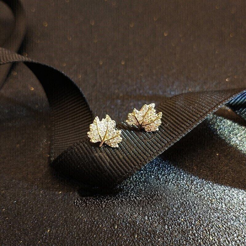 2.00 Ct Round Simulated Diamond Maple Leaf Stud Earrings 14K Yellow Gold Plated