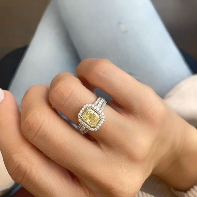Fancy Yellow 3 Rows Shank Diamond Ring Radiant Cut CZ Diamond Engagement Ring