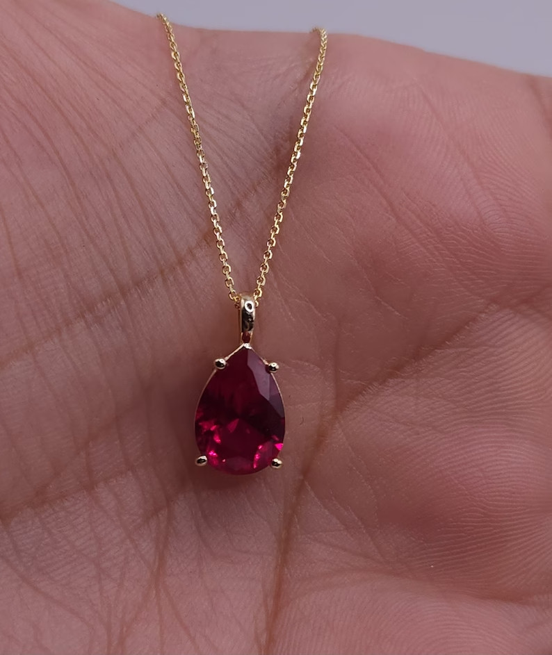 0.25 Ct Pear Cut Simulated Ruby Solitaire Charm Pendant 14K Yellow Gold Plated