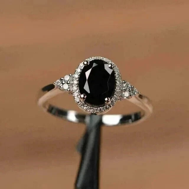 2Ct Oval Simulated Black Diamond Halo Engagement Ring 14K White Gold Plated