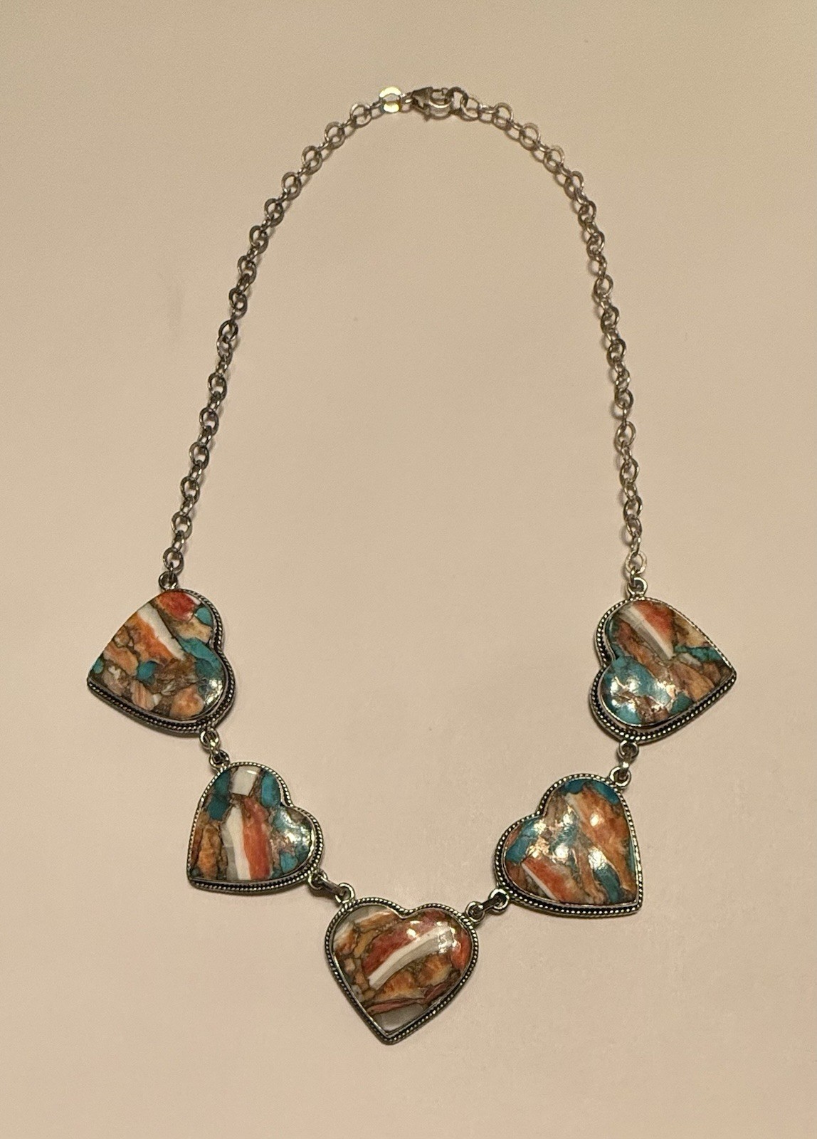 Sterling Silver Spiny Oyster Copper Turq 5 Heart Necklace Stamped 925 Adj 22”