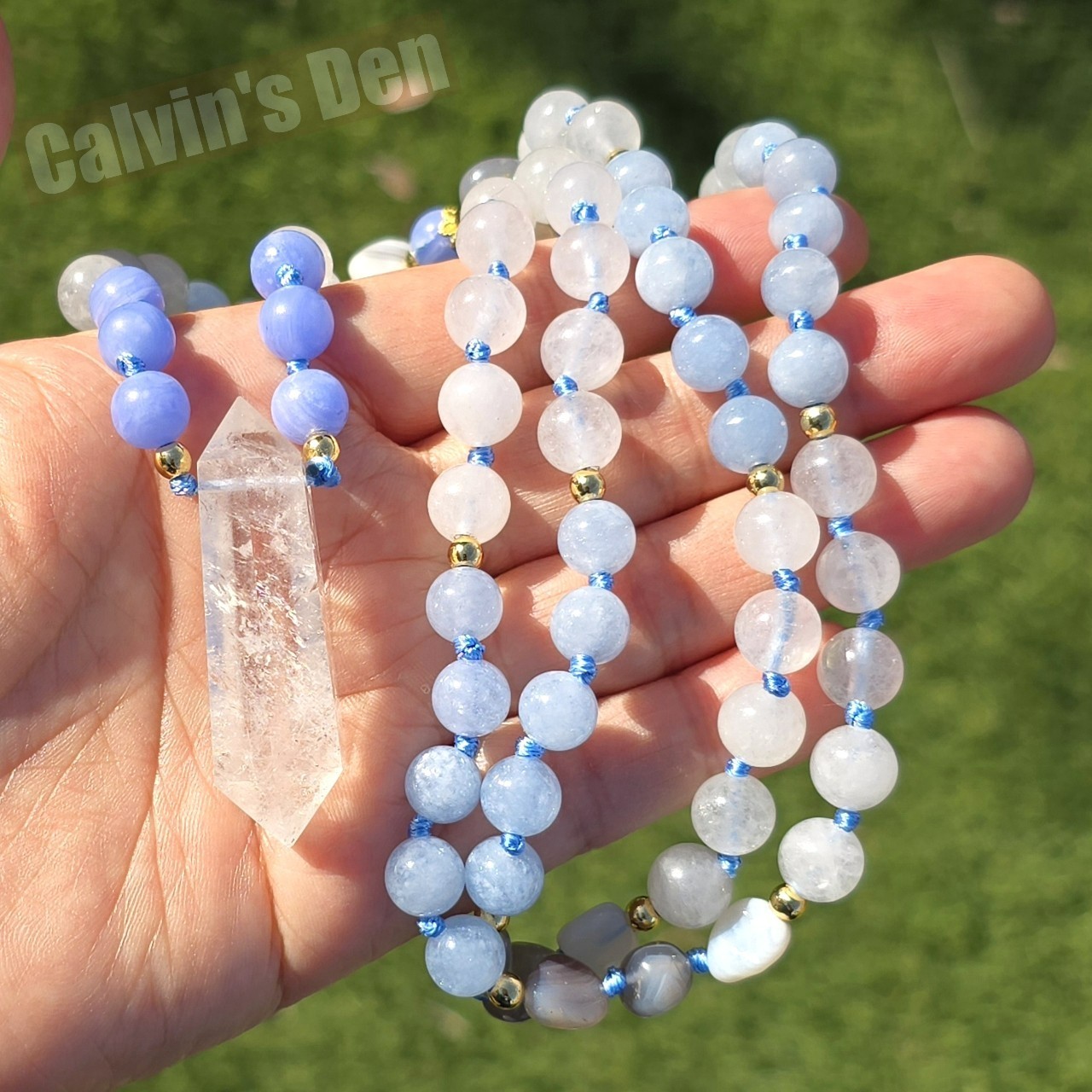 Angelite Milky Quartz Blue Lace Agate Banded Bead Necklace Crystal Point Pendant