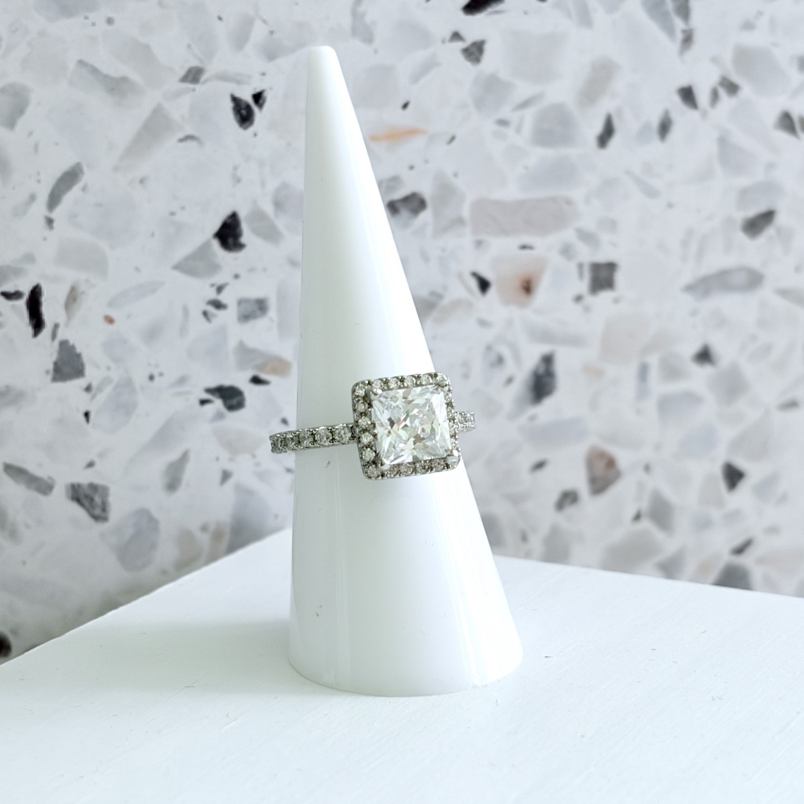 2.5 CT Princess Cut 14k White Gold 925 Sterling Halo Pave Set Women’s Ring