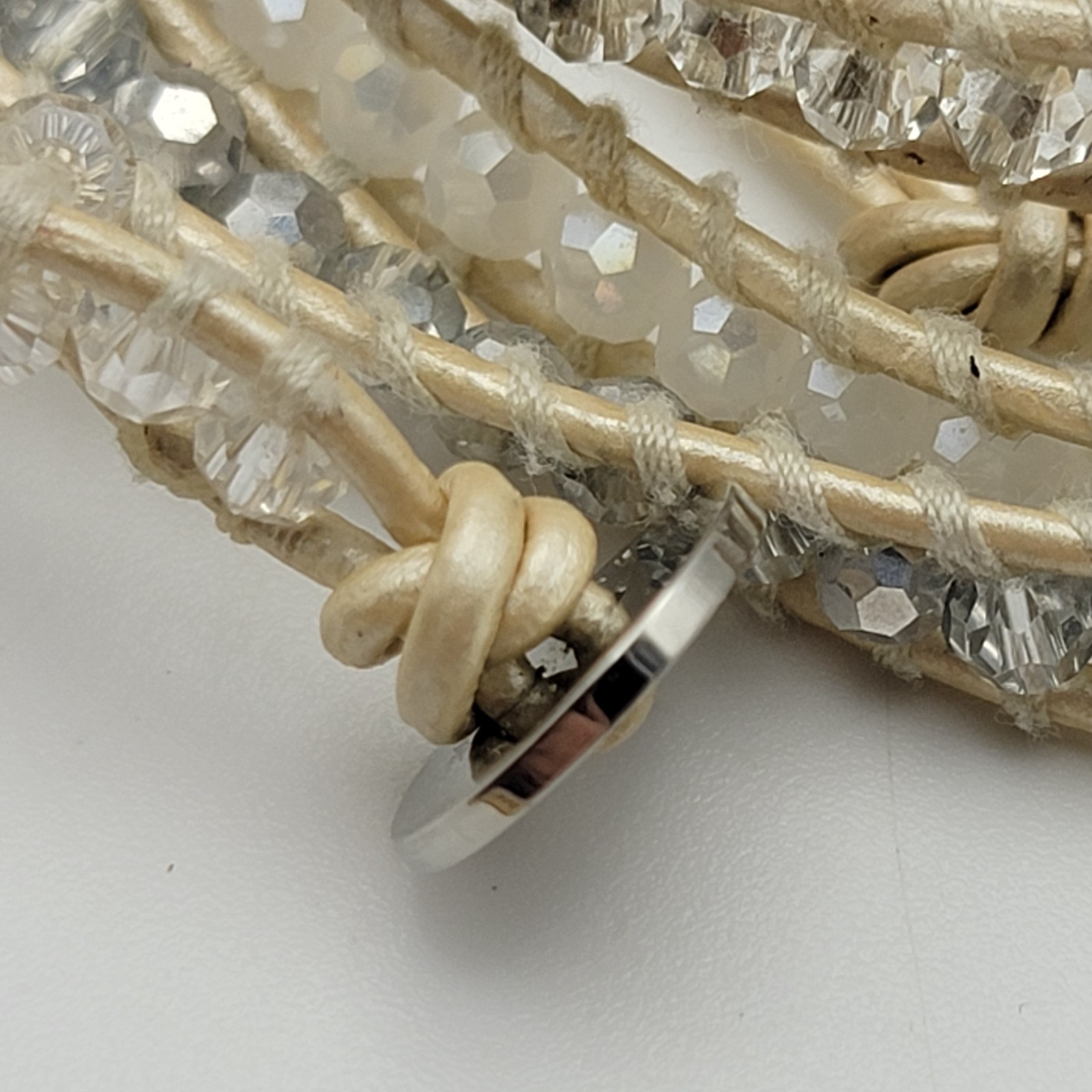 Victoria Emerson White Crystal Wrap Bracelet, Beige Leather Cord, 34″ Toggle
