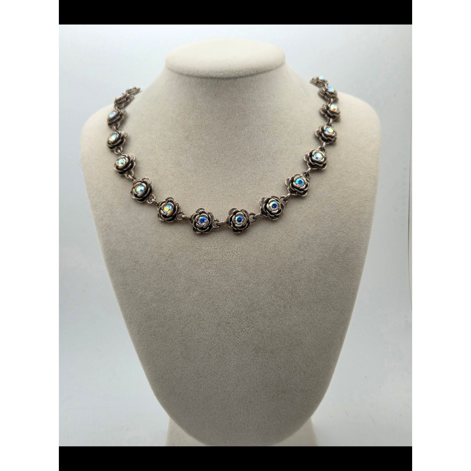 Premier Designs Antiqued Silvertone Rose Link Necklace AB Rhinestones 18″
