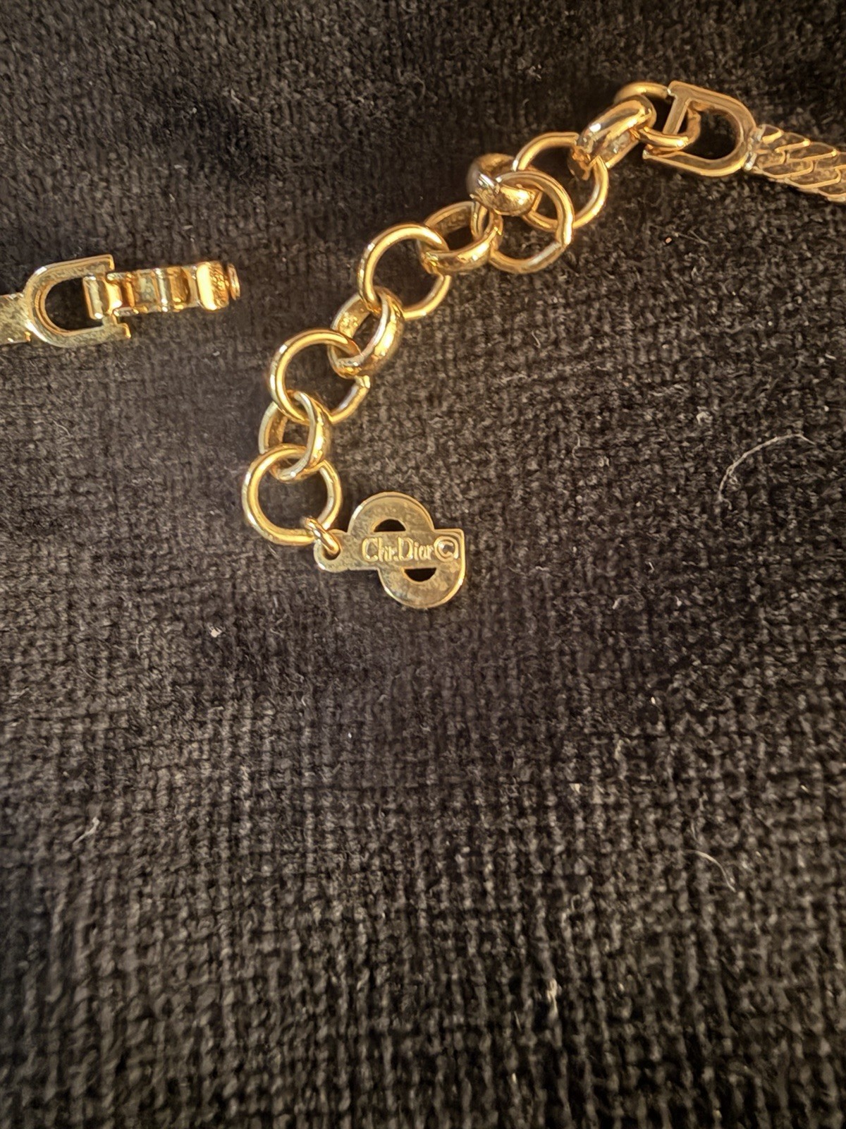 Vintage Christian Dior 1980s Gold Herringbone Choker Necklace Black Cabochon