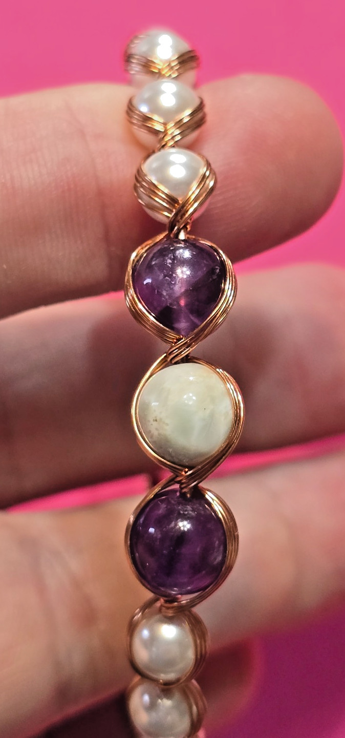 Copper Wire Wrap & Freswater Shell Pearls, Amethyst, Larimar Gemstone Bracelet
