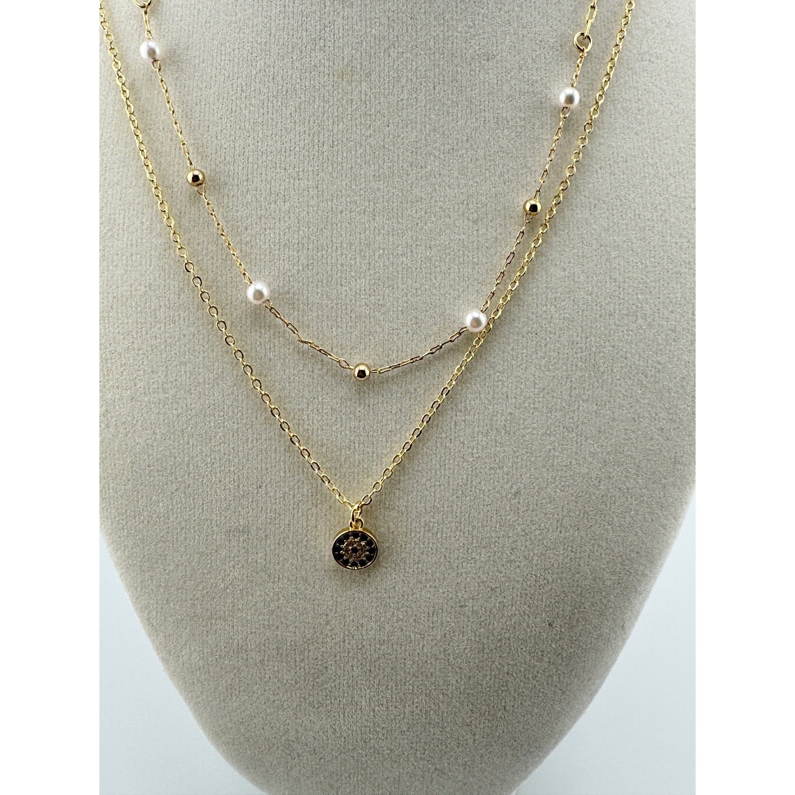 14k Gold Plated Double Layer Evil Eye Necklace Pearl Bead Hypoallergenic