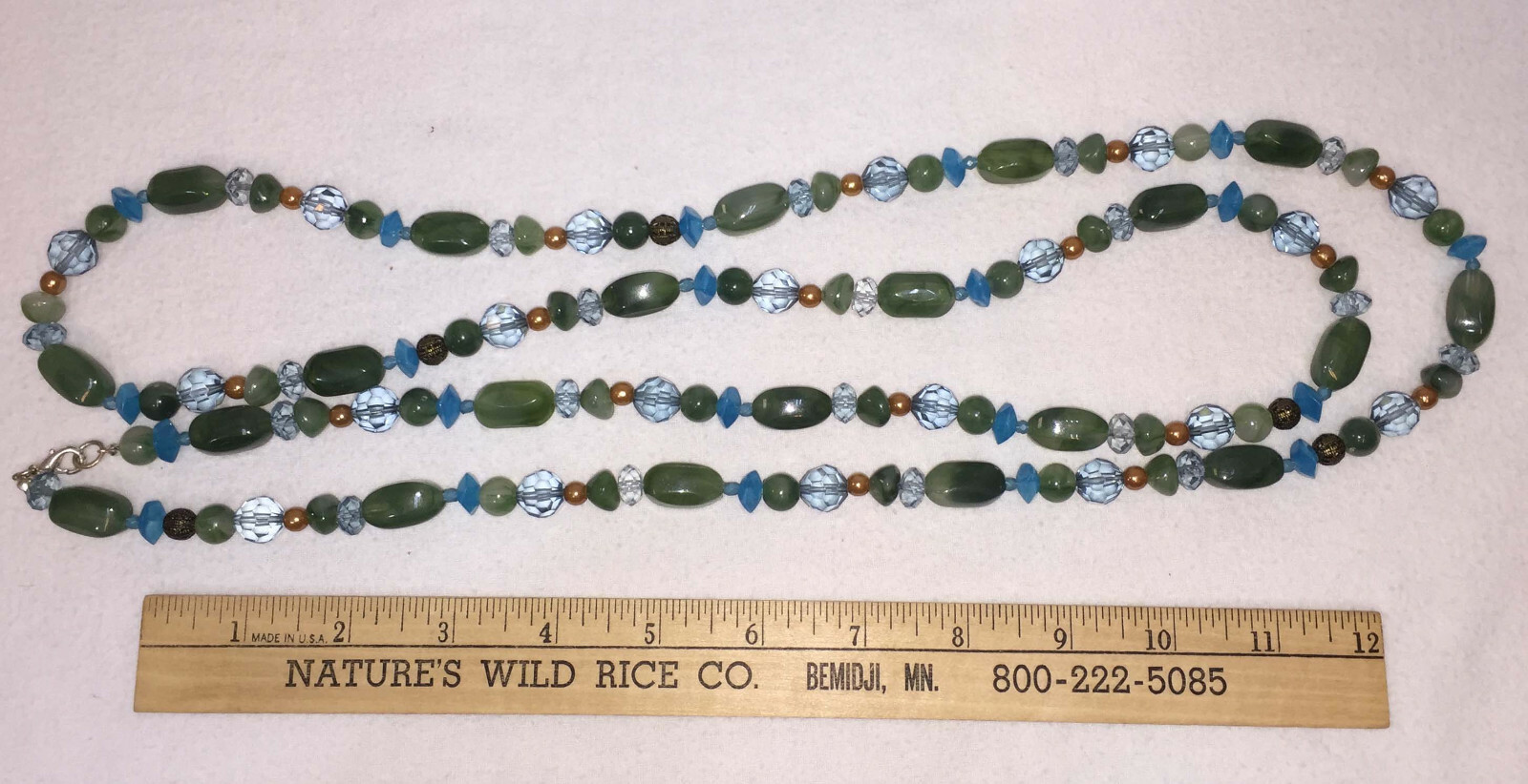Necklace Jade Like Plastic Beads Green Stone Blue Faceted Long Strand String 60″