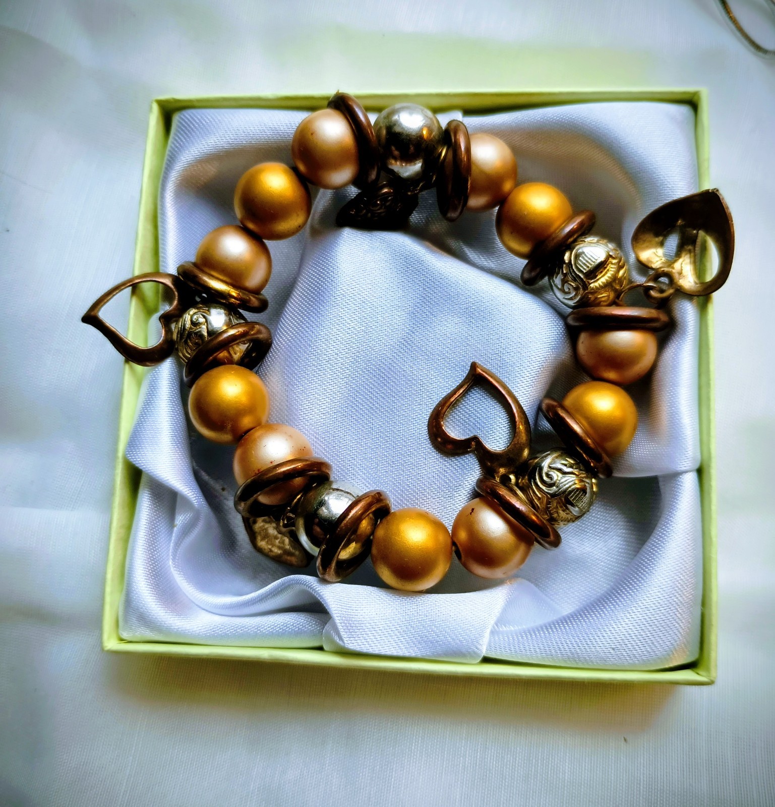 Heart Valentine Charm Stretch Bracelet With Hearts & Golden Beads Gift Boxed