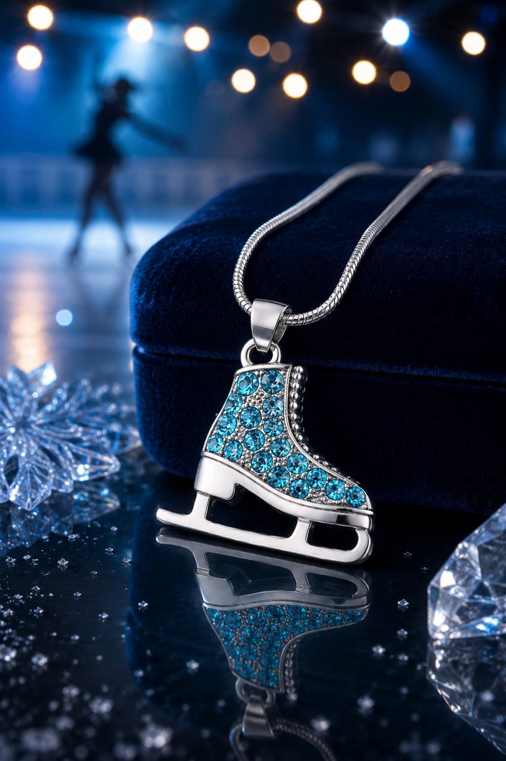 Blue Ice Skate Pendant Necklace Silver Tone Blue Stone Accent 18″ Chain