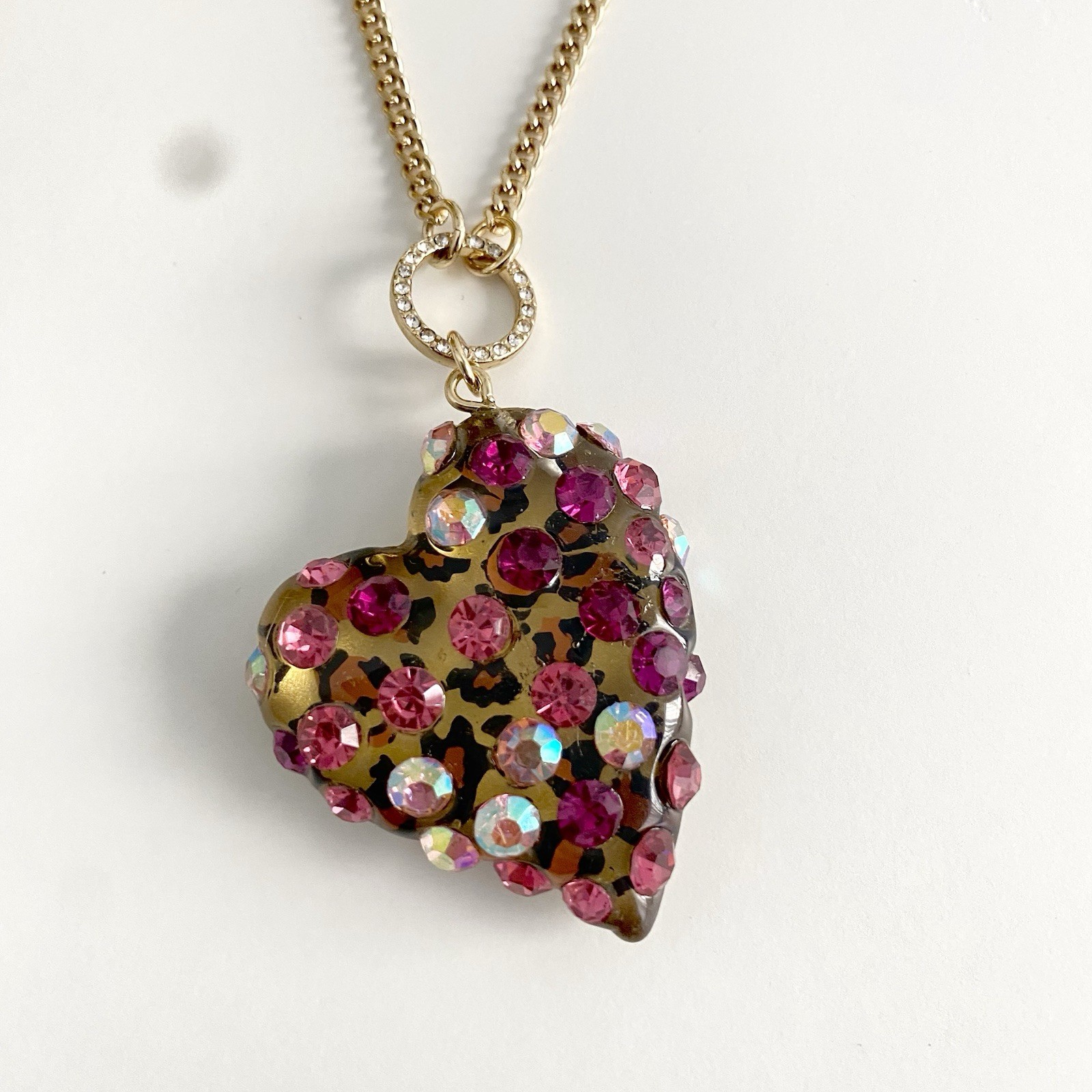 BETSEY JOHNSON Leopard Print Pink Rhinestone Heart Necklace Earring Jewelry Set