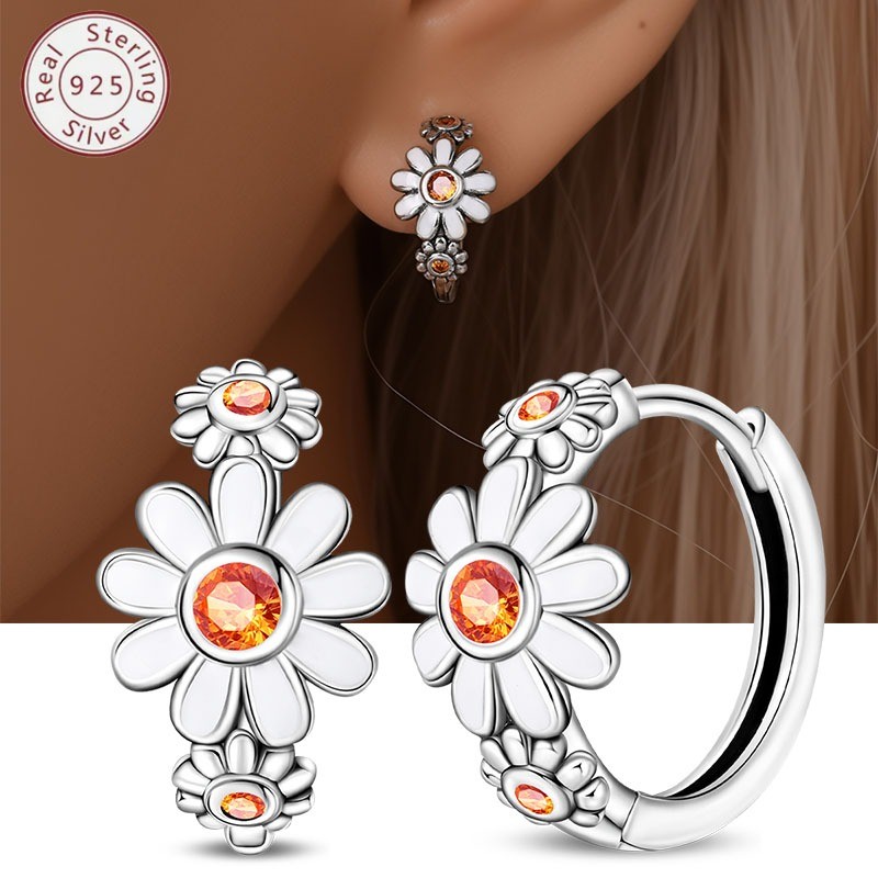PANDACH 925 Sterling Silver Retro Daisy Hoop Earrings For Women Hoops Trendy NEW