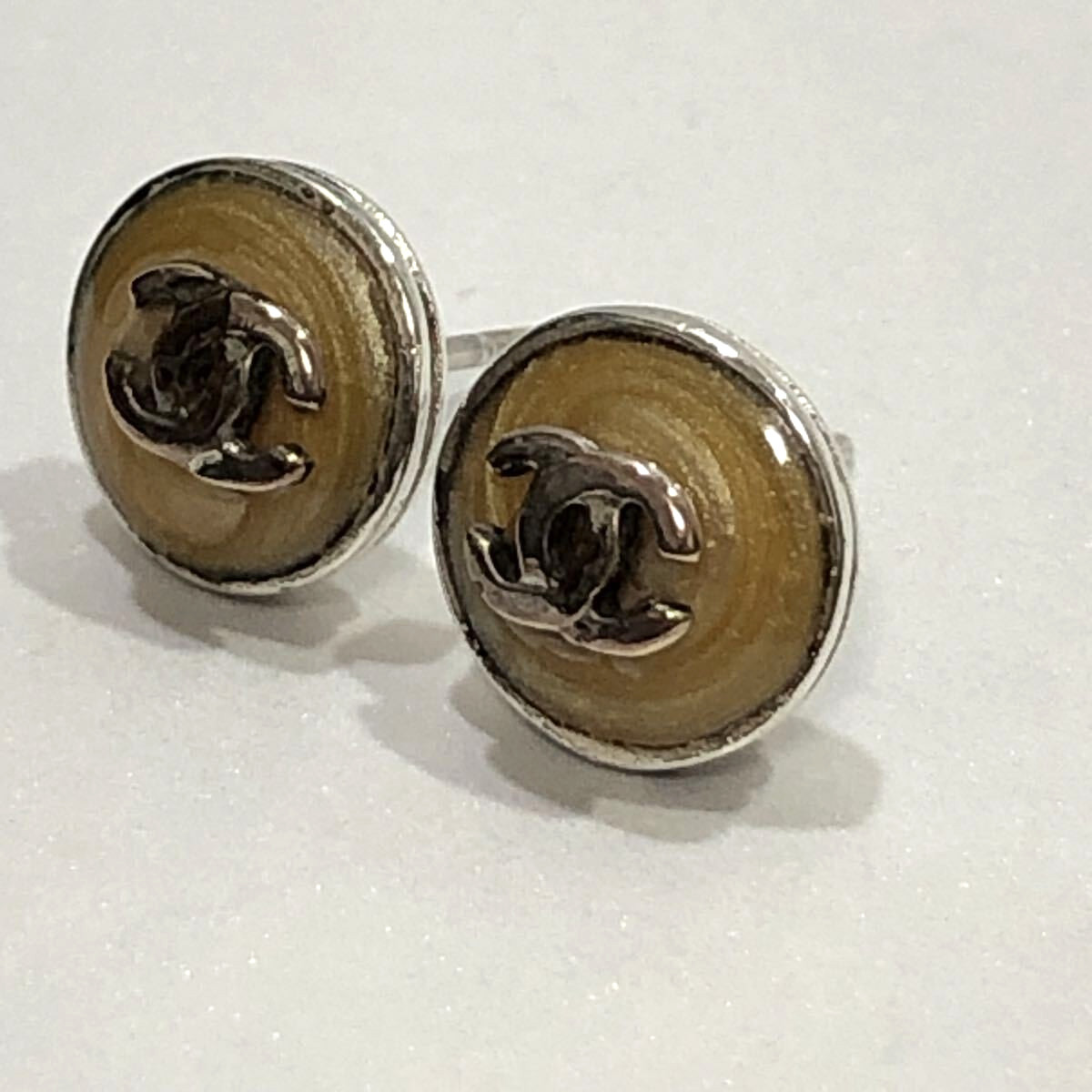 CHANEL Vintage Earrings Coco Logo Round Small Silver Plate 00T